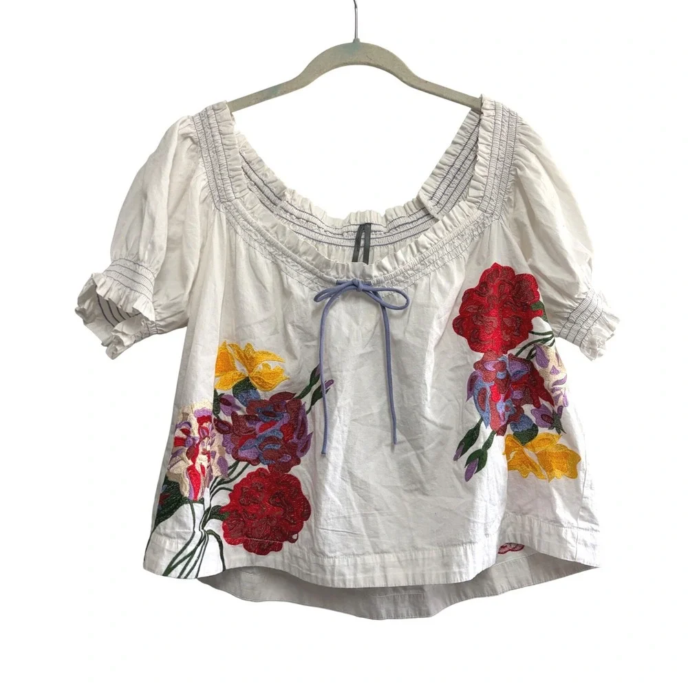 Anthropologie Boho White‎ Floral Puff Sleeve Blouse Embroidered Cotton LP